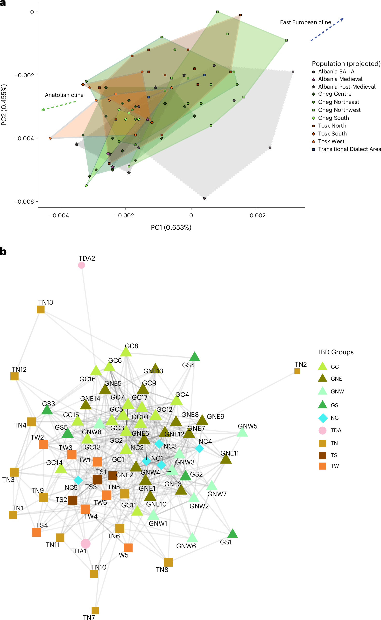 PCA and IBD sharing patterns of present-day Albanians by dialect, including a Gheg-Tosk IBD network